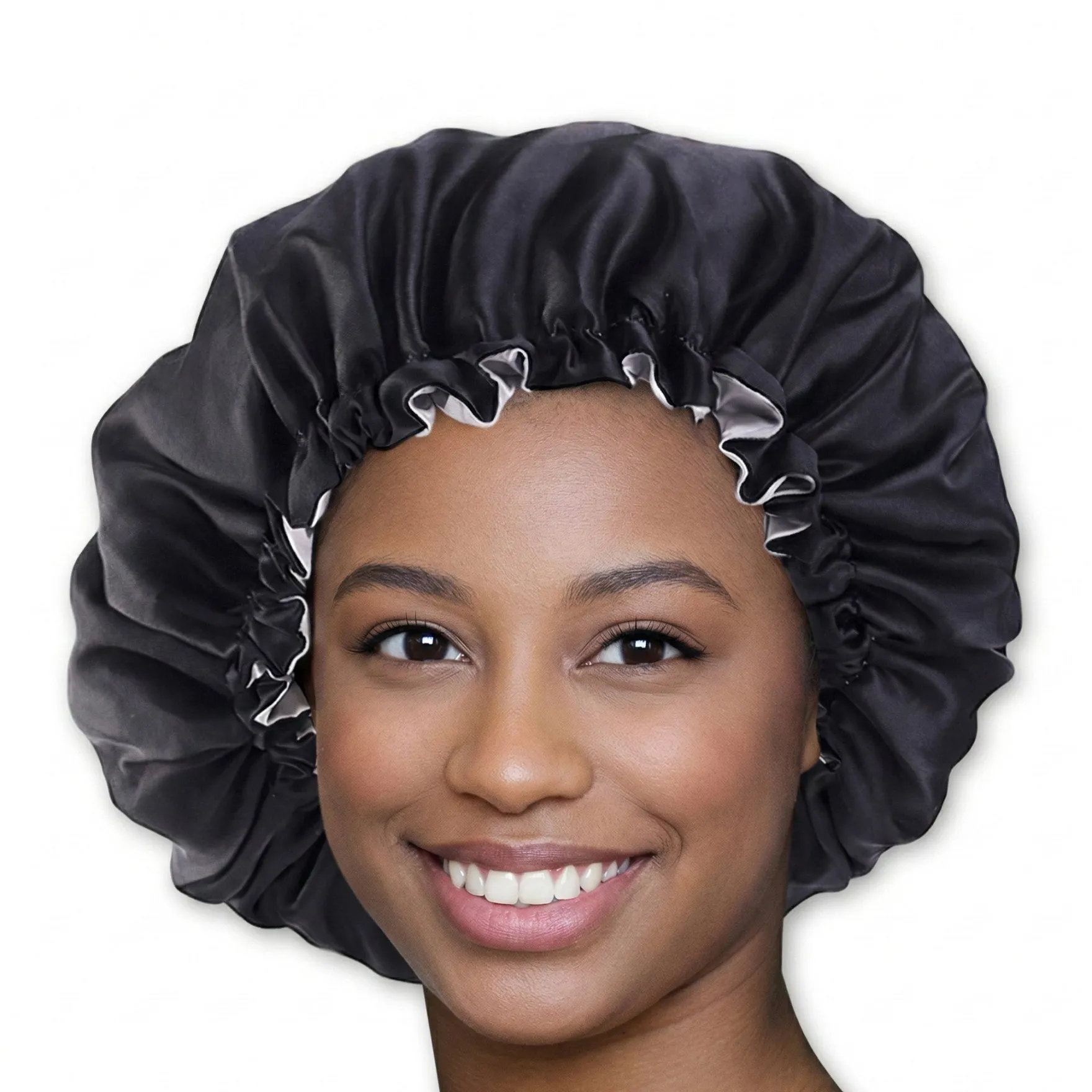 Black/Grey Satin Hair Bonnet Reversable