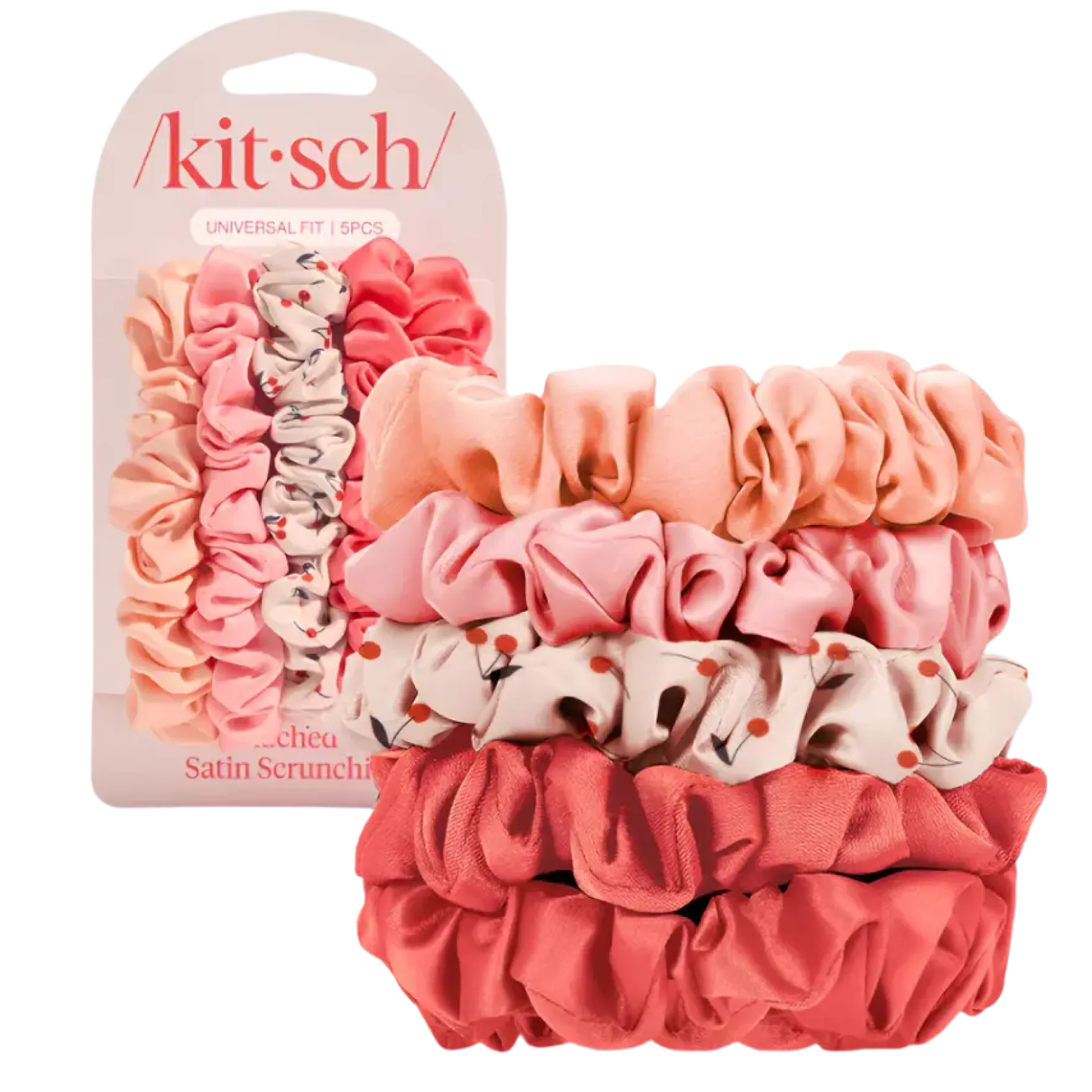 Ruched Satin Scrunchies 5pc Set Assorted Cherry Blossom