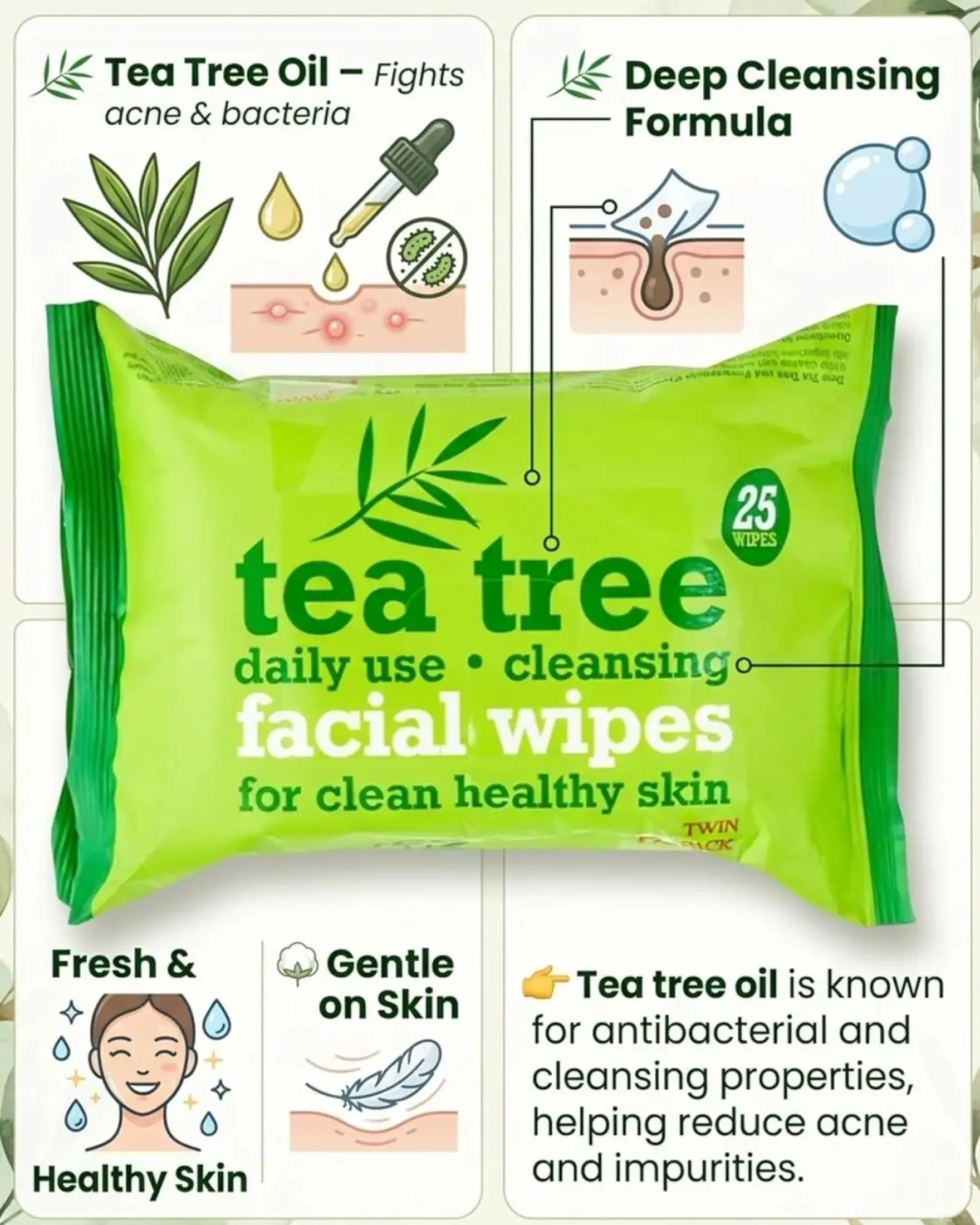 Tea Tree Facial Wipes Twin Pack